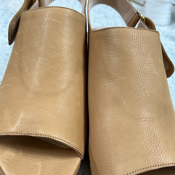 Stuart Weitzman Offset Leather Peep-Toe Wedge, Pecan - Picture 12 of 13